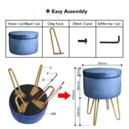 Blue Velvet Dressing Table Stool, Round Vanity Stool With Storange For Bedroom - thumbnail 3