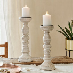 White Candleholder - Whitewash Wooden Candlestick - Wooden Dinner Table Candlestick - thumbnail 1
