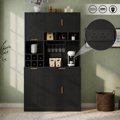 Btm Sideboard Cabinet 100X40X175Cm, Tall Storage Cabinet With Wine Rack, Glass Holder, Power Outlet, Usb A And Usb C, Black - image 1