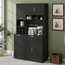 Btm Sideboard Cabinet 100X40X175Cm, Tall Storage Cabinet With Wine Rack, Glass Holder, Power Outlet, Usb A And Usb C, Black - thumbnail 2