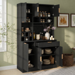 Btm Sideboard Cabinet 100X40X175Cm, Tall Storage Cabinet With Wine Rack, Glass Holder, Power Outlet, Usb A And Usb C, Black - thumbnail 3