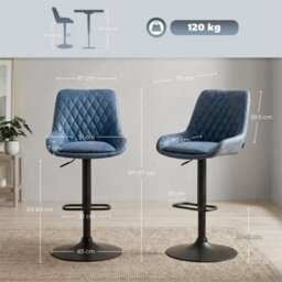 Blue Adjustable Bar Stools Set Of 2 Swivel Bar Chairs With Back Footrest - thumbnail 2