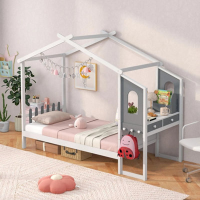 Single Bed Frame Wood Slatted House Bed W/house Roof Canopy - image 1