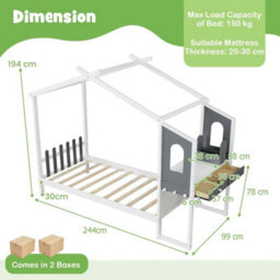 Single Bed Frame Wood Slatted House Bed W/house Roof Canopy - thumbnail 2