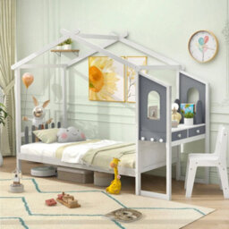 Single Bed Frame Wood Slatted House Bed W/house Roof Canopy - thumbnail 3