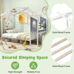 Single Bed Frame Wood Slatted House Bed W/house Roof Canopy - thumbnail 6