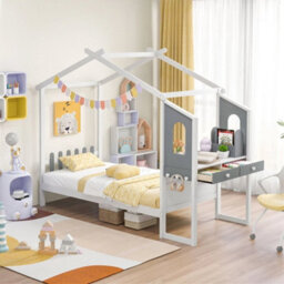 Single Bed Frame Wood Slatted House Bed W/house Roof Canopy - thumbnail 4