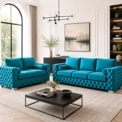 Stratus Interiors Ashley Teal Blue Chesterfield Full Back Sofa Collection With Sophisticated Charm-Set - image 1
