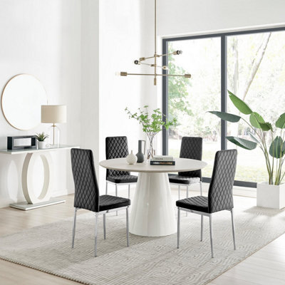 Furniturebox Palma Beige Stone Effect Round 4-6 Seater Pedestal Dining Table & 4 Black Velvet Milan Silver Leg Chairs - image 1