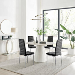 Furniturebox Palma Beige Stone Effect Round 4-6 Seater Pedestal Dining Table & 4 Black Velvet Milan Silver Leg Chairs