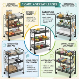 3 Tier Rolling Storage Trolley Cart Metal Kitchen Vegetable - thumbnail 3
