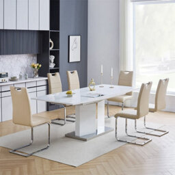 Furniture in Fashion Belmonte White Dining Table Large 6 Petra Taupe Chairs