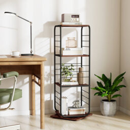 Gainoom 4-Tier Brown Rotating Bookshelf Spinning Bookcase Tower Floor Standing Revolving Display Rack - thumbnail 3