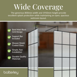 Balterley 8mm Glass Walk In Wetroom Screens With Matt Black Framed Design And White Shower Tray - 1400 X 800mm - thumbnail 4