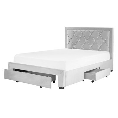 Beliani Bed With Storage Drawers Velvet Lievin 140 X 200 Cm (Eu Double) Light Grey - image 1