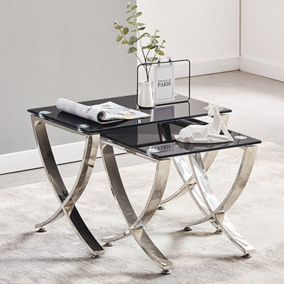 Furniture in Fashion Vienna Black Glass Nest Of 2 Tables With Angular Stainless Legs - image 1