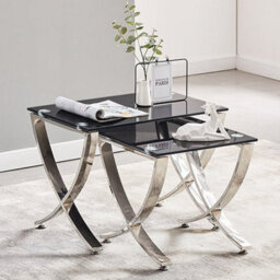 Furniture in Fashion Vienna Black Glass Nest Of 2 Tables With Angular Stainless Legs