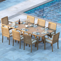 Eterna Duchy Teak Garden Outdoor Dining Table & 8 Seat Chair Set - With Black Cushions
