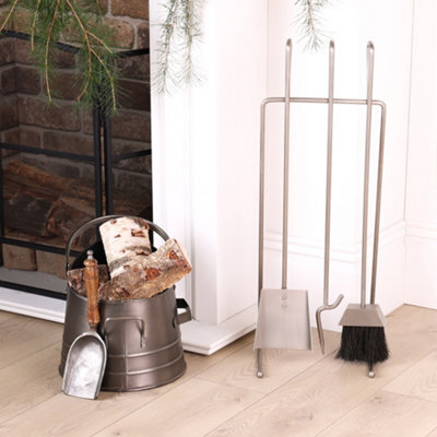 Dibor Contemporary Antique Pewter Fireside 3 Piece Freestanding Companion Set With Coal Bucket And Shovel - image 1