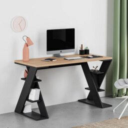 Decortie Papillon Desk With Bookshelf Storage Legs Modern Minimalist Workspace Desk  Oak Silky Black 137X75X60 Cm - thumbnail 1