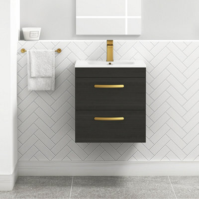 Royal Bathrooms Turin Hale Black 500mm Wall Hung Vanity Unit 2 Drawer With Minimalist Basin Sink & Brushed Brass Handles - image 1