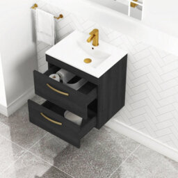 Royal Bathrooms Turin Hale Black 500mm Wall Hung Vanity Unit 2 Drawer With Minimalist Basin Sink & Brushed Brass Handles - thumbnail 5