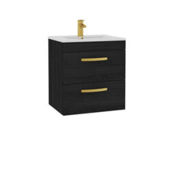 Royal Bathrooms Turin Hale Black 500mm Wall Hung Vanity Unit 2 Drawer With Minimalist Basin Sink & Brushed Brass Handles - thumbnail 6