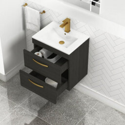 Royal Bathrooms Turin Hale Black 500mm Wall Hung Vanity Unit 2 Drawer With Minimalist Basin Sink & Brushed Brass Handles - thumbnail 3