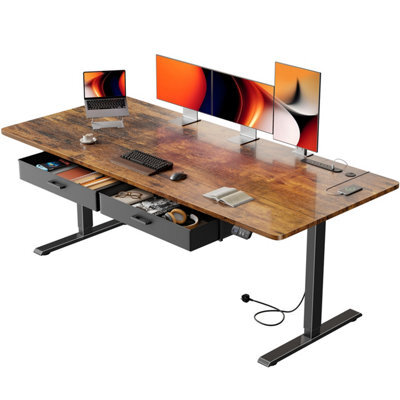 Electric Standing Desk With Power Outlets, 180 X 80 Cm Sit Stand Desk With 2 Drawers, Usb Ports,height Adjustable, Brown - image 1