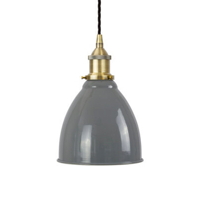 French Grey Classic Small Pantry Metal Painted Dome Pendant Light With Antique Brass Lamp Holder And Black Twisted Cable - Se Home