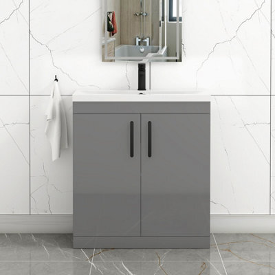 Royal Bathrooms Turin Indigo Grey Gloss 800mm Floor Standing Vanity Unit 2 Door With Mid-Edge Basin Sink & Matt Black Handles - image 1