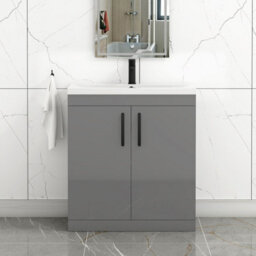 Royal Bathrooms Turin Indigo Grey Gloss 800mm Floor Standing Vanity Unit 2 Door With Mid-Edge Basin Sink & Matt Black Handles