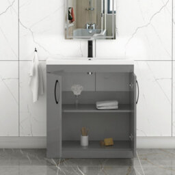 Royal Bathrooms Turin Indigo Grey Gloss 800mm Floor Standing Vanity Unit 2 Door With Mid-Edge Basin Sink & Matt Black Handles - thumbnail 5