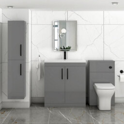 Royal Bathrooms Turin Indigo Grey Gloss 800mm Floor Standing Vanity Unit 2 Door With Mid-Edge Basin Sink & Matt Black Handles - thumbnail 4