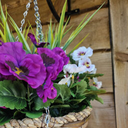 Best Artificial Pair Of 30Cm 10 Inch Purple & White Pansy Flower With Decorative Rattan Hanging Baskets For Indoor Outdoor Garden Use - thumbnail 3