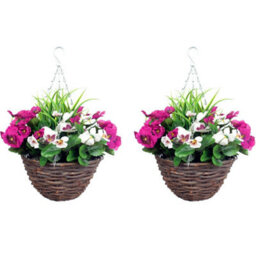 Best Artificial Pair Of 30Cm 10 Inch Purple & White Pansy Flower With Decorative Rattan Hanging Baskets For Indoor Outdoor Garden Use