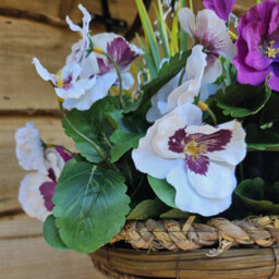 Best Artificial Pair Of 30Cm 10 Inch Purple & White Pansy Flower With Decorative Rattan Hanging Baskets For Indoor Outdoor Garden Use - thumbnail 4