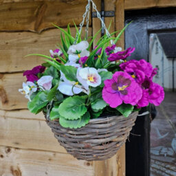 Best Artificial Pair Of 30Cm 10 Inch Purple & White Pansy Flower With Decorative Rattan Hanging Baskets For Indoor Outdoor Garden Use - thumbnail 7