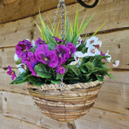 Best Artificial Pair Of 30Cm 10 Inch Purple & White Pansy Flower With Decorative Rattan Hanging Baskets For Indoor Outdoor Garden Use - thumbnail 2