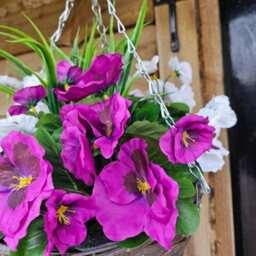Best Artificial Pair Of 30Cm 10 Inch Purple & White Pansy Flower With Decorative Rattan Hanging Baskets For Indoor Outdoor Garden Use - thumbnail 5
