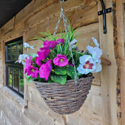 Best Artificial Pair Of 30Cm 10 Inch Purple & White Pansy Flower With Decorative Rattan Hanging Baskets For Indoor Outdoor Garden Use - thumbnail 6
