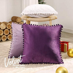Deconovo 2 Pack Poms Large Crushed Velvet Cushion Covers With Invisible Zipper 55Cm X 55Cm Grape Purple - thumbnail 2