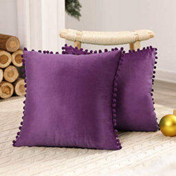 Deconovo 2 Pack Poms Large Crushed Velvet Cushion Covers With Invisible Zipper 55Cm X 55Cm Grape Purple - thumbnail 1
