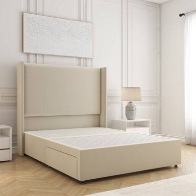 Bsspoke Austin Divan Bed Set Cream Plush Velvet With 54Inch Wingedback Headboard & No Mattress No Drawers In All Sizes - image 1