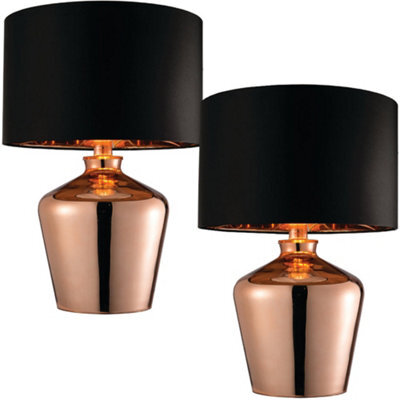 2 Pack Modern Mirror Table Lamp Gloss Copper Glass & Black Shade Feature Bedside Light - image 1