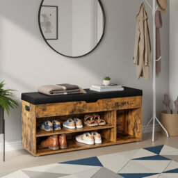 LEDREM Storage Bench With Cushion, Shoe Bench With Padded Seat, Entryway Bench With 3 Compartments, Hidden Storage, Brown And Black - thumbnail 1