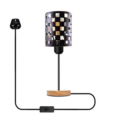 Modern Wooden Stand Bedside Table Lamp With Metal Cage , On Off Switch Brushed Brass Lamp