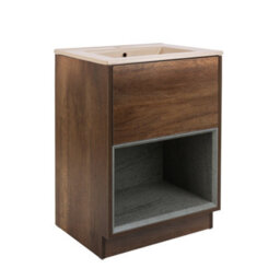 Homestylestore Dark Oak 612mm Bathroom Vanity Unit Led Lit Open Shelf And Sand Basin