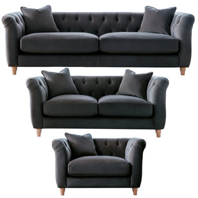 Furnishings For Less UK Elsie Velvet Chesterfield Plush Velvet Midnight 3 Seater + 2 Seater + Armchair Set - image 1