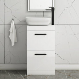 Royal Bathrooms 500mm Floor Standing Vanity Unit 2 Drawer Gloss White & Countertop Basin - Elva With Matt Black Handle - thumbnail 1